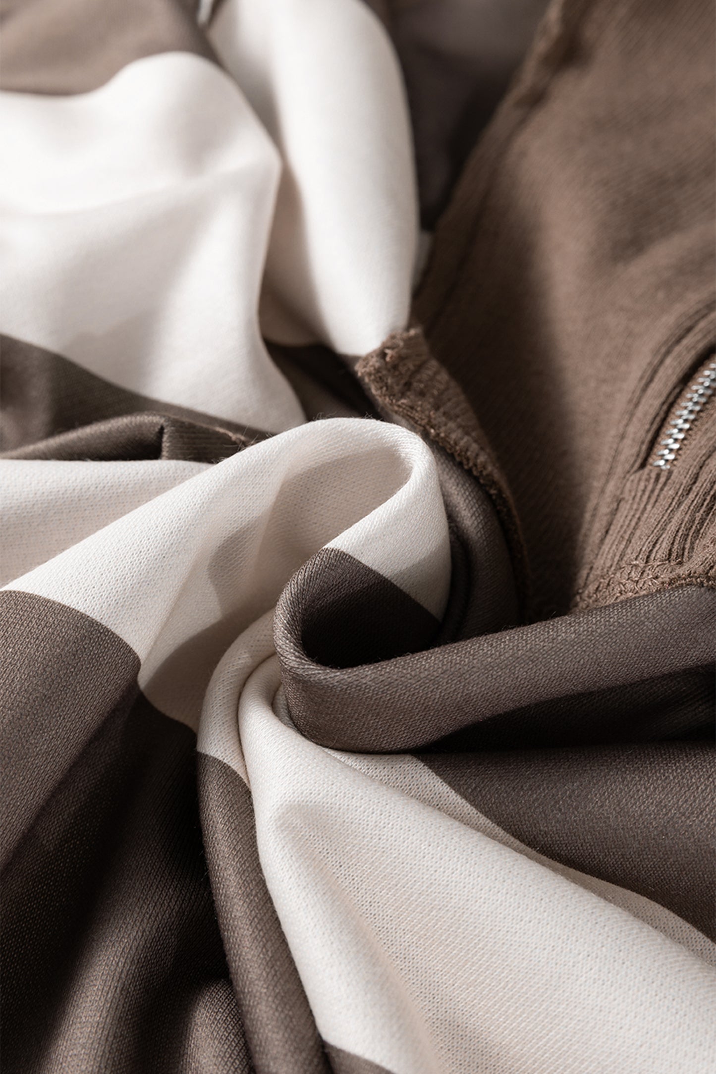 Brown Striped Color Block Zip Collar 3/4 Sleeve Oversize Sweatshirt