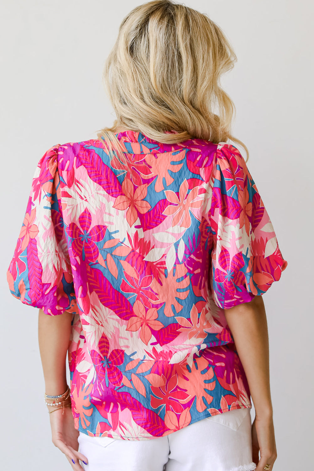 Rose Tropical Plant Printed V Neck Puff Sleeve Blouse
