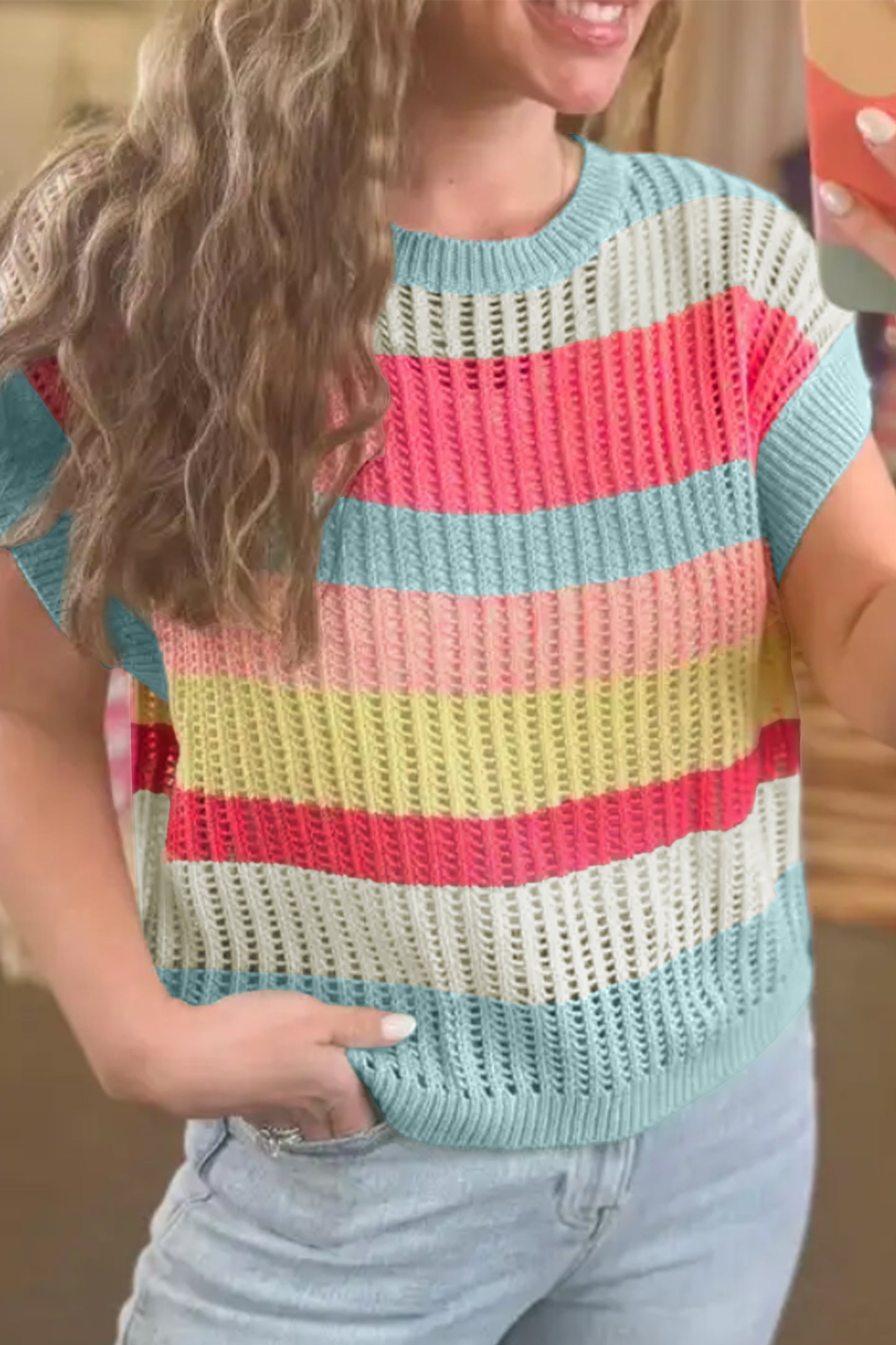 Green Stripe Color Block Hollow Out Knit Short Sleeve Sweater