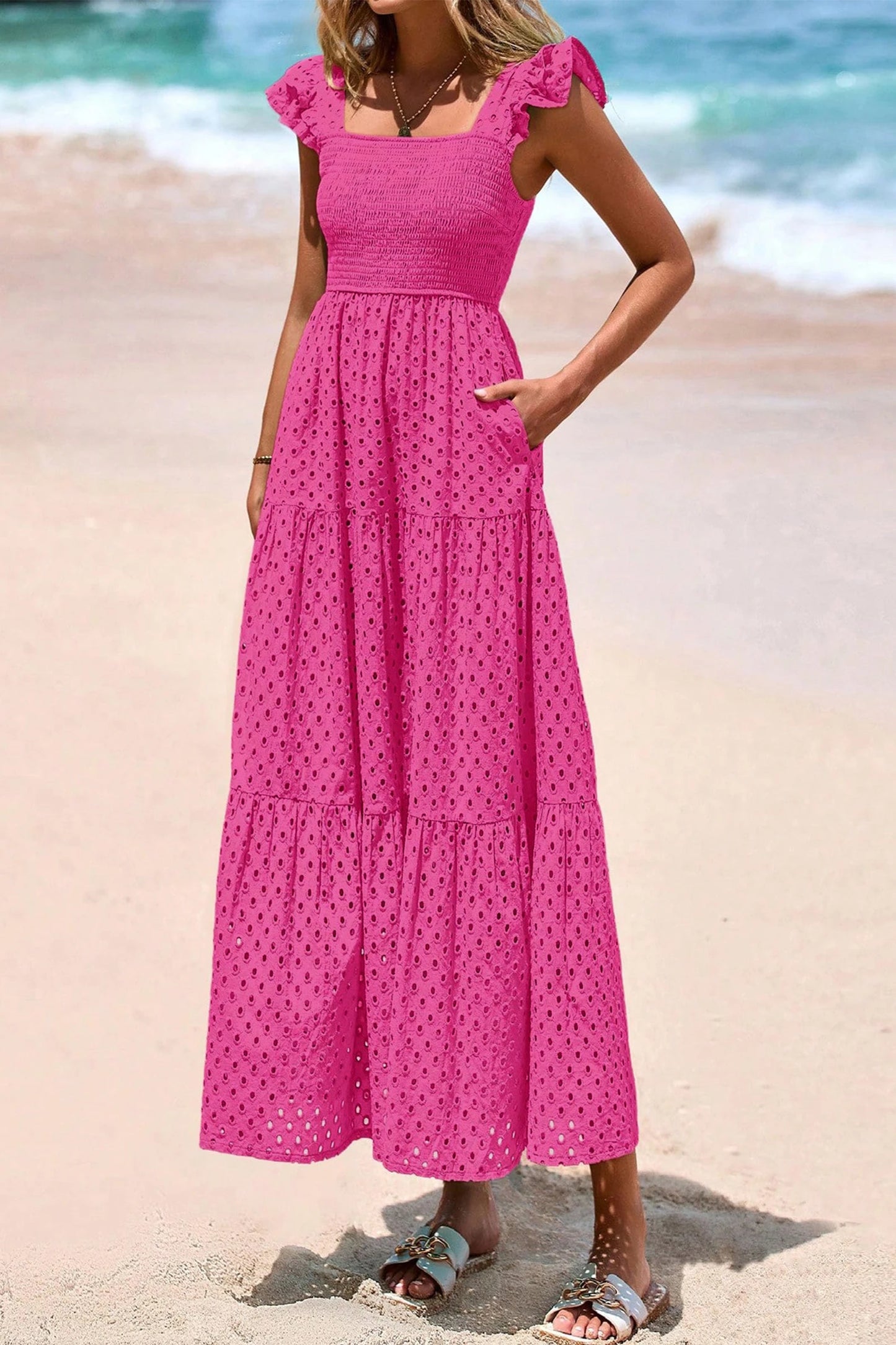 Bright Pink Embroidered Ruffled Sleeveless Tiered Maxi Dress with Pockets
