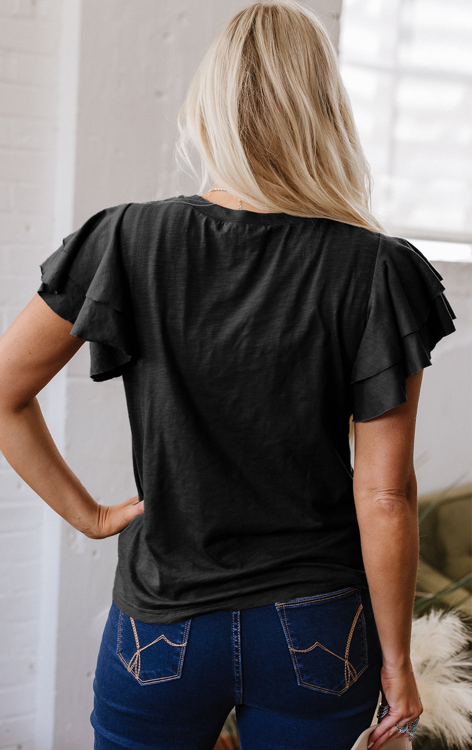 Dark Grey Layered Ruffle Short Sleeve Round Neck Top