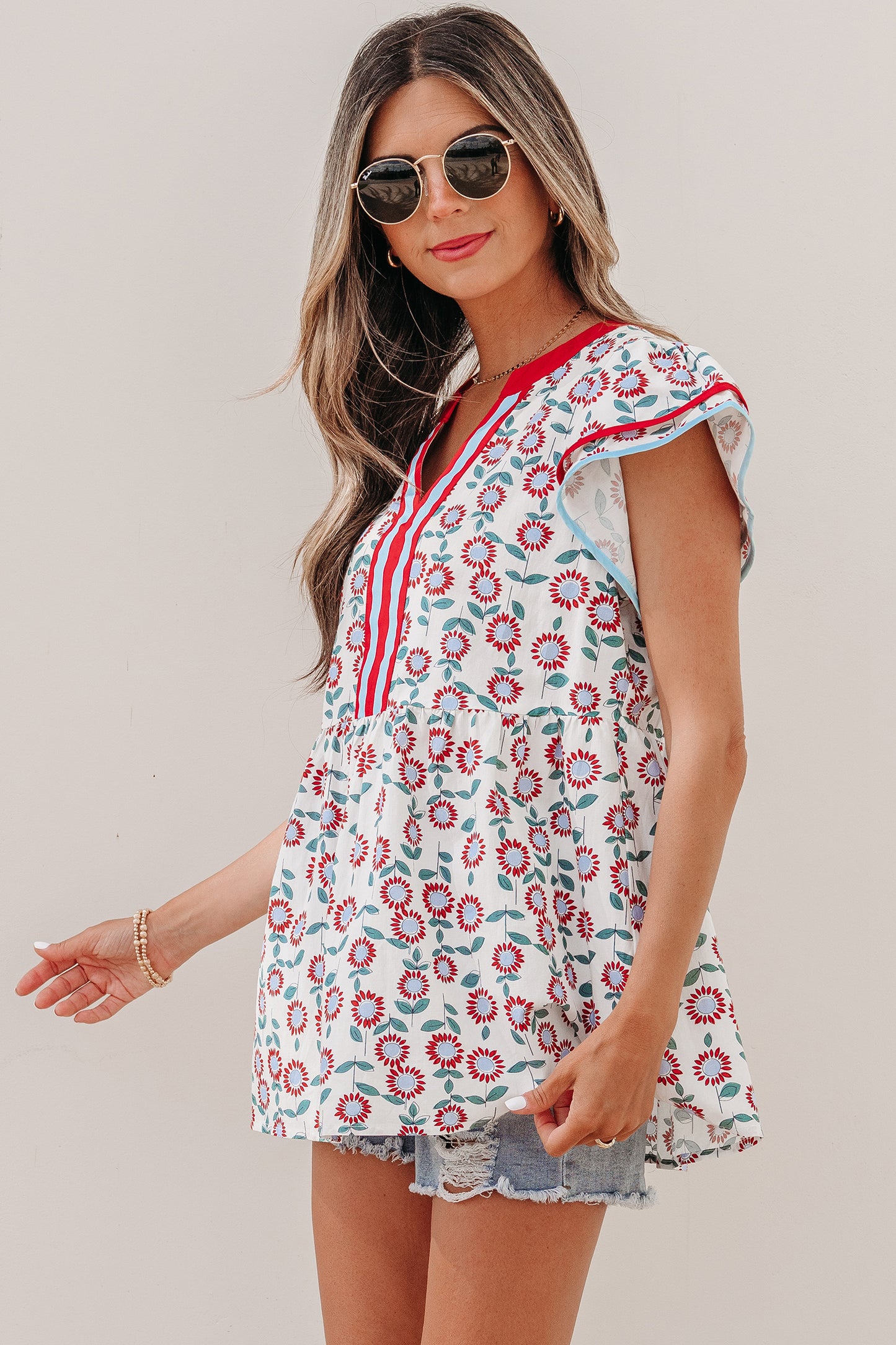 Floral Cotton Blend Babydoll Blouse Flutter Sleeve Top