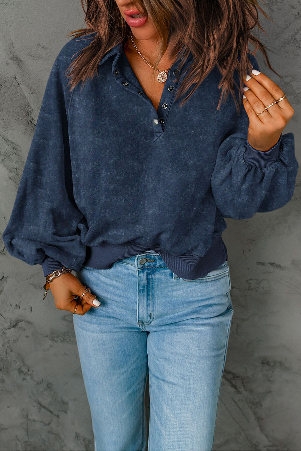 Gray Washed Snap Buttons Lantern Sleeve Pullover Sweatshirt