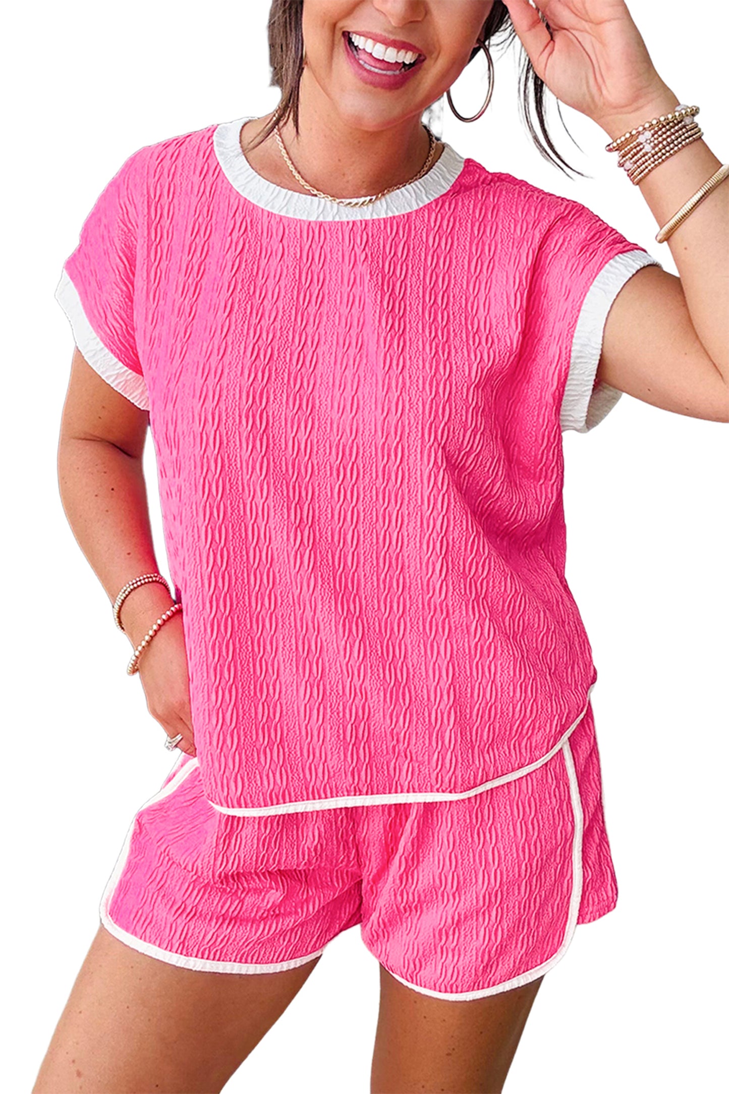 Bright Pink Textured Color Block Trim Loose Tee Drawstring Shorts 2pcs Set