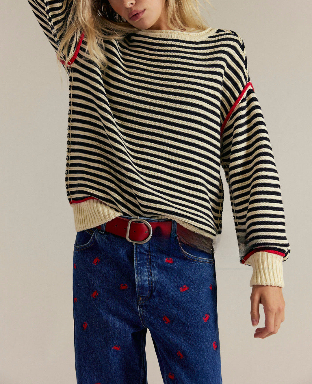 Striped Crewneck Knit Sweater | Loose Fit Pullover Top