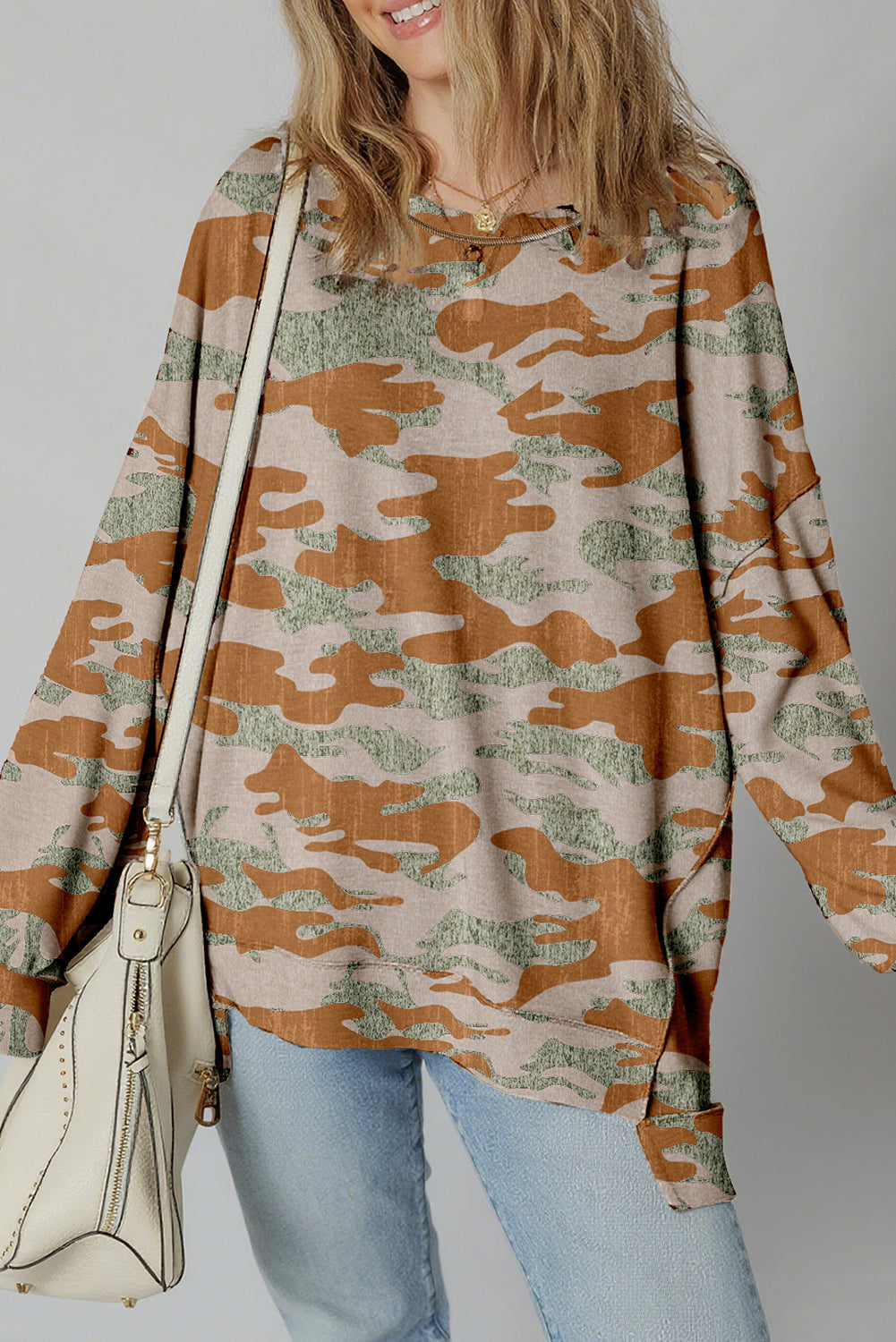 Multicolour Retro Camouflage Print Exposed Seam Patchwork Drop Shoulder Sweatshirt