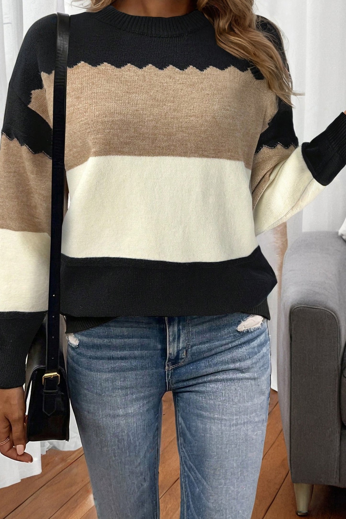 Brown Colorblock Crew Neck Drop Shoulder Sweater