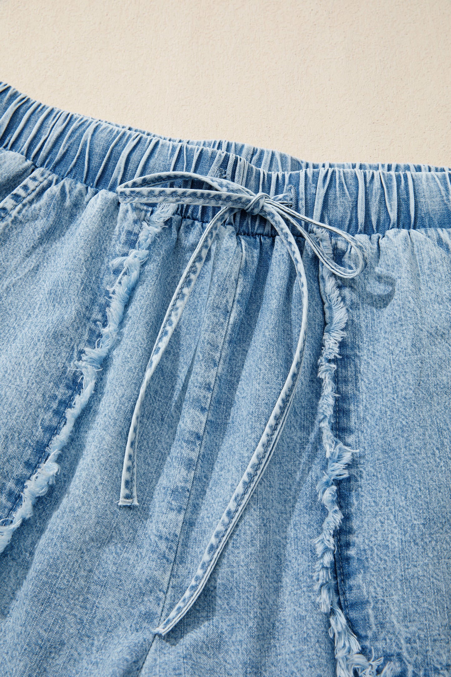 Washed Denim Shorts Drawstring Frayed Casual Summer
