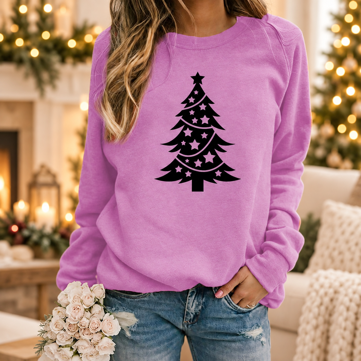 Womens Christmas Tree Graphic Sweatshirt Oversized Crewneck