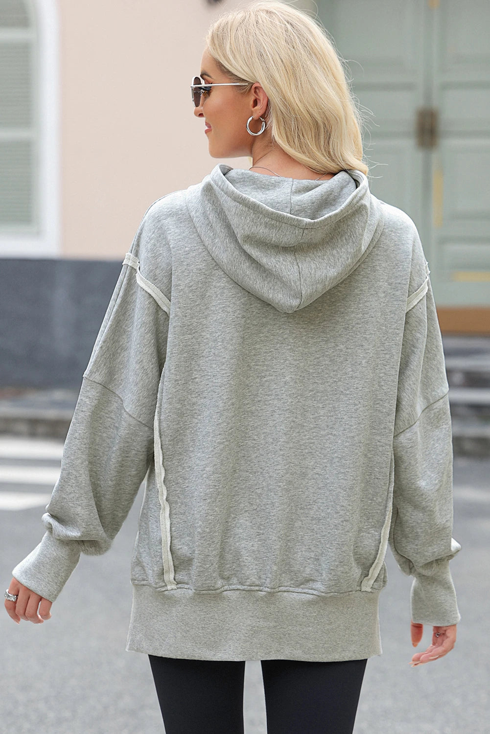 Light Grey Raw Trim Drop Shoulder Kangaroo Pocket Baggy Hoodie
