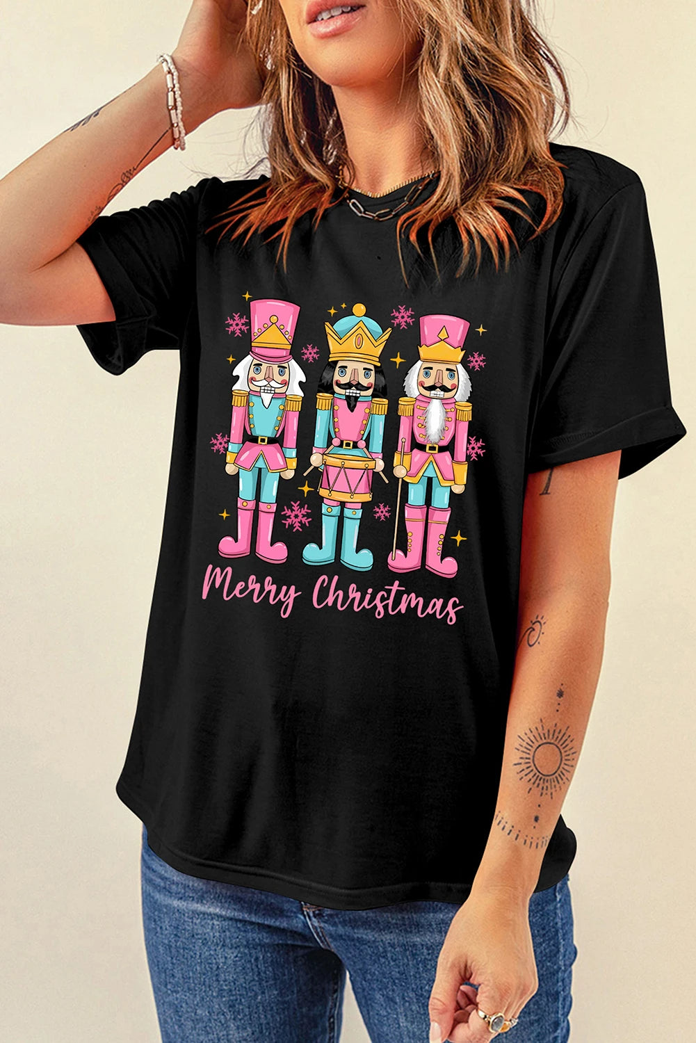 Black Merry Christmas Nutcracker Doll Printed T Shirt