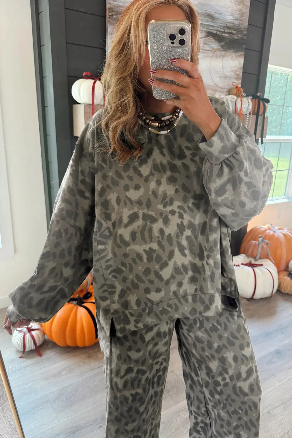 Brown Leopard Print Raw Seam Patchwork Pullover Drawstring Loose Pant Set
