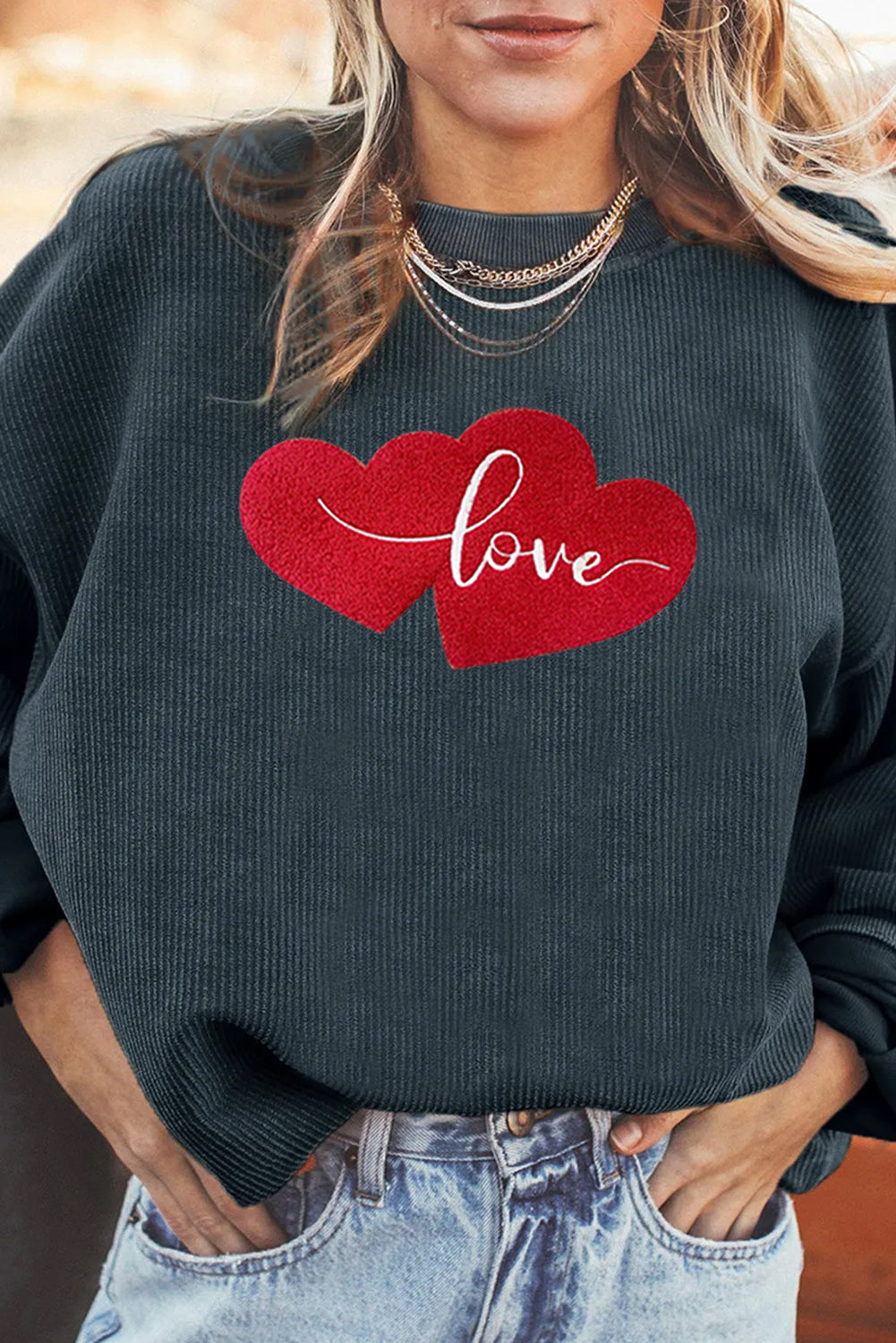 Valentine Love Heart Corduroy Ribbed Oversized Sweatshirt