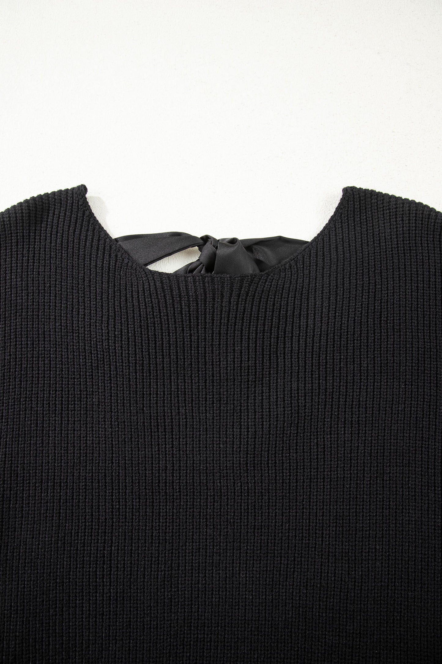 Red Dahlia Ribbed Knit Ribbon Knot Backless Drop Shoulder Sweater