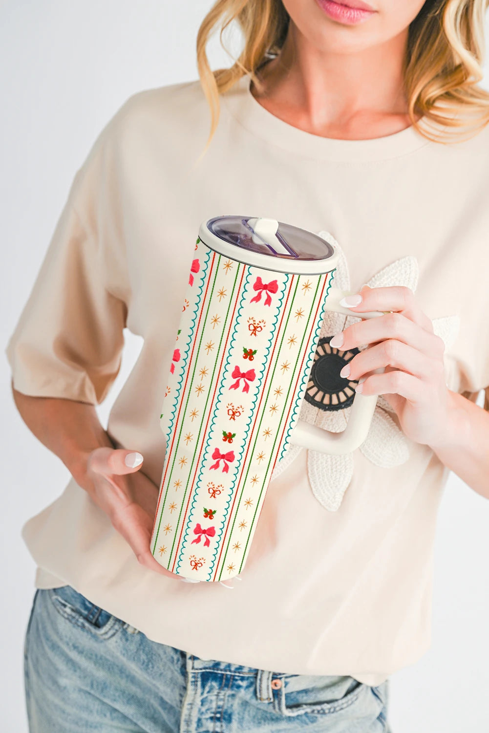 White Holly Jolly Bow Striped Print Flip Straw Tumbler