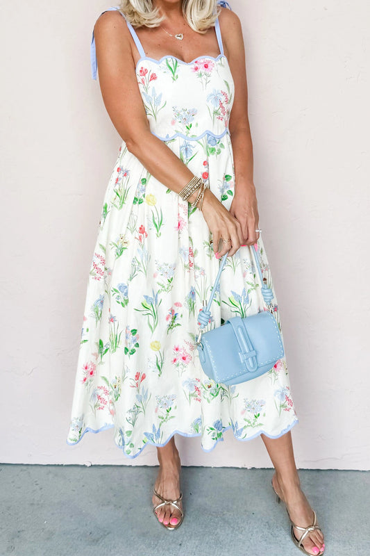shop similar  shop similar  Beige Floral Print Contrast Trim Self-tie Straps High Waist Midi Dress