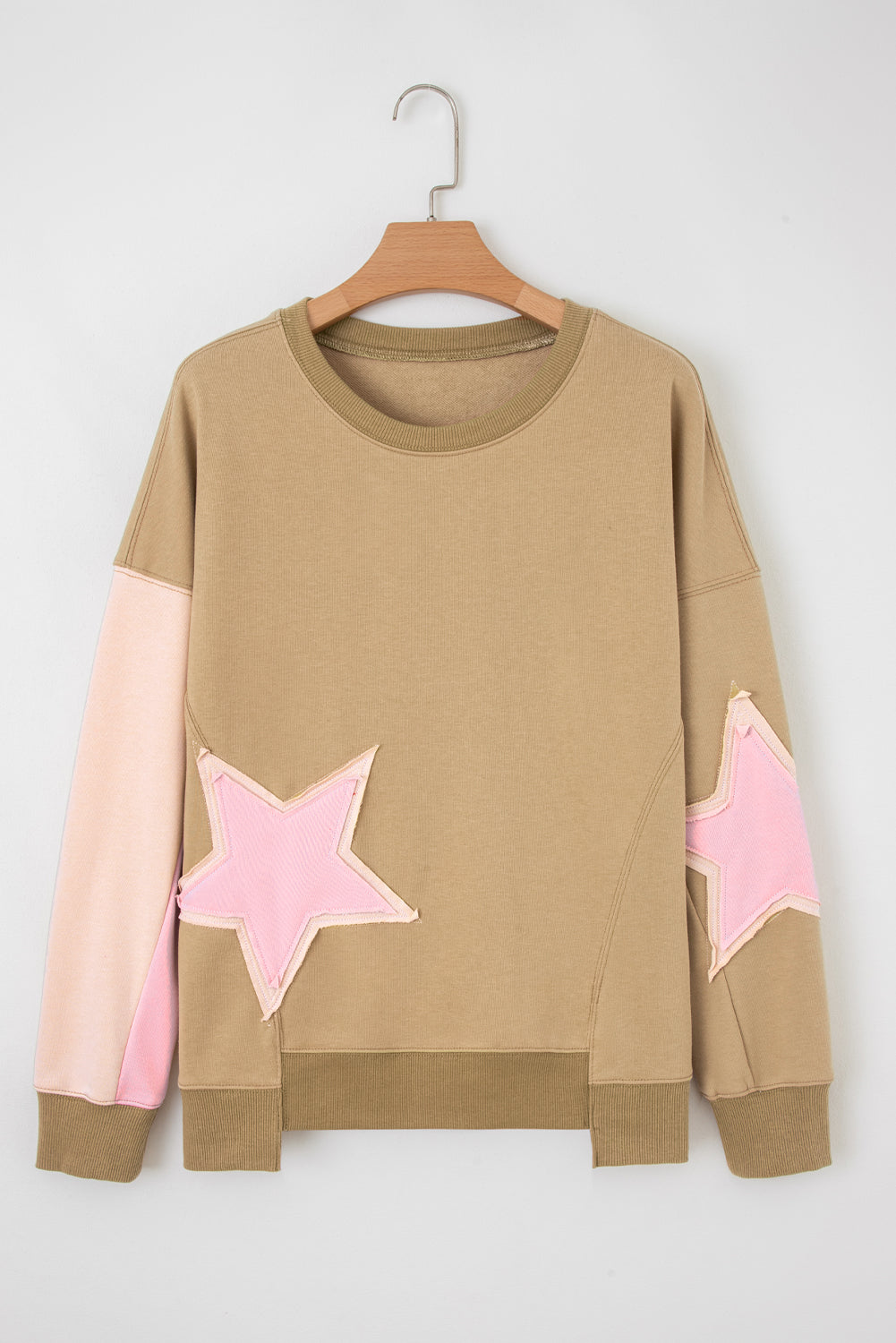 Rose Pink Contrast Star Patchwork Exposed Seam Uneven Hem Drop Shoulder Sweatshirt