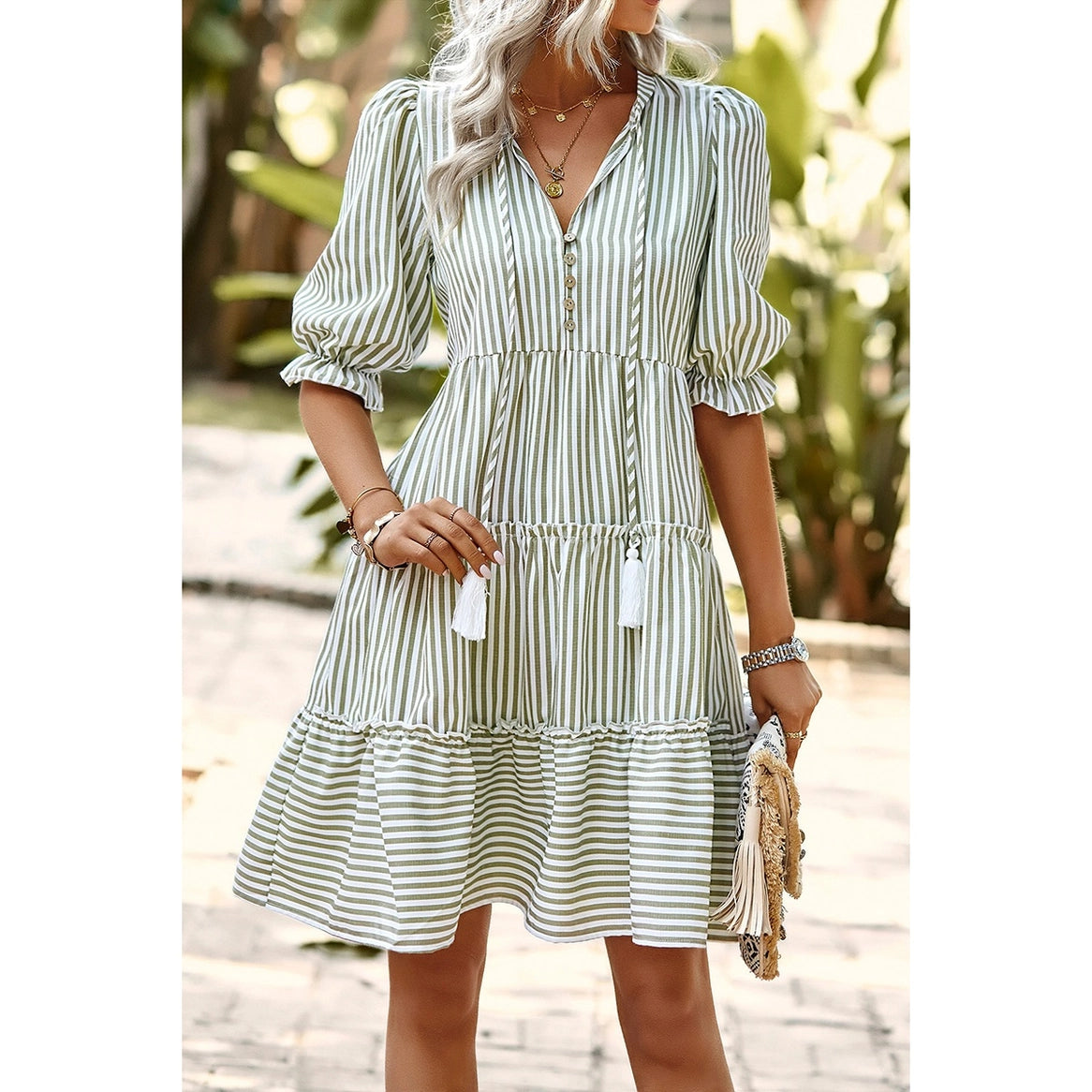 Striped V Neck Button Front Puff Sleeve Tiered Dress