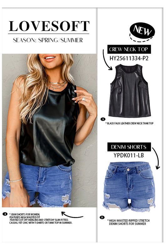 Faux Leather Tank Top with Ripped Denim Shorts Outfit