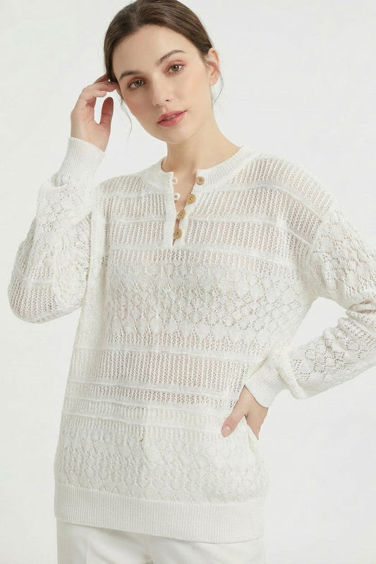 Open Knit Henley Button Long Sleeve Sweater