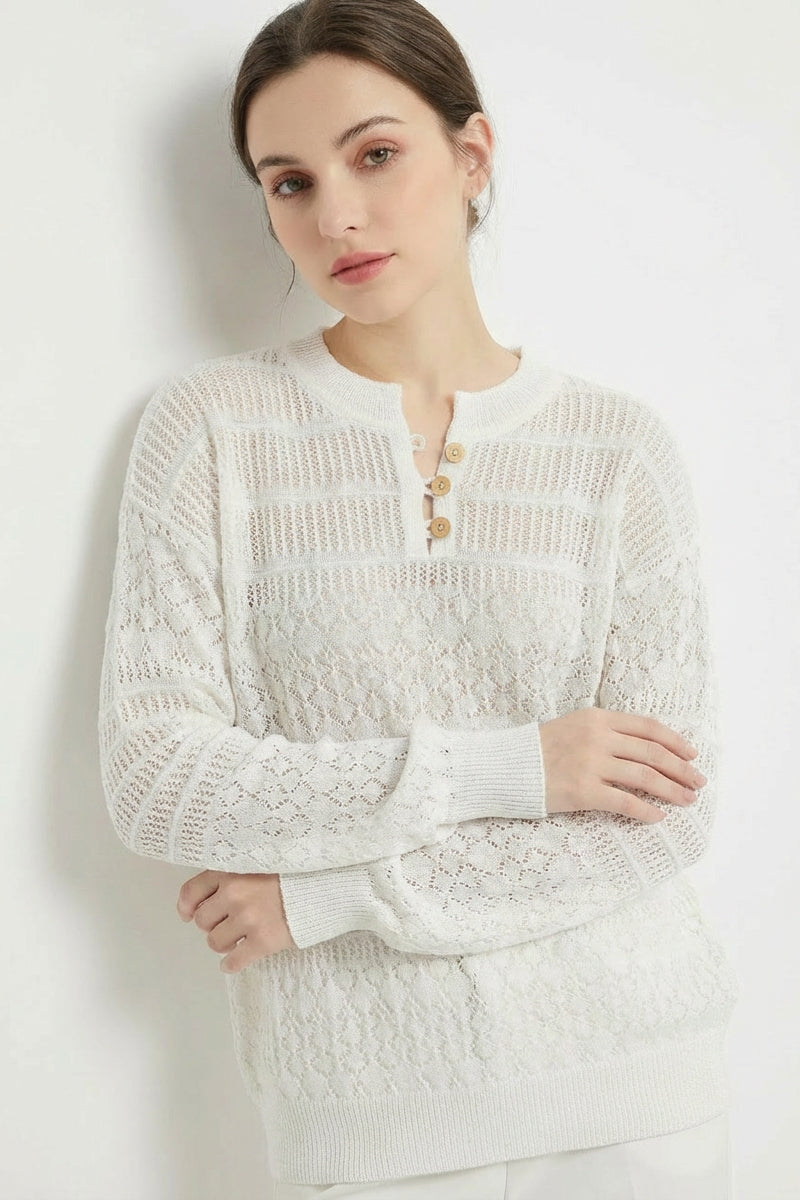 Open Knit Henley Button Long Sleeve Sweater