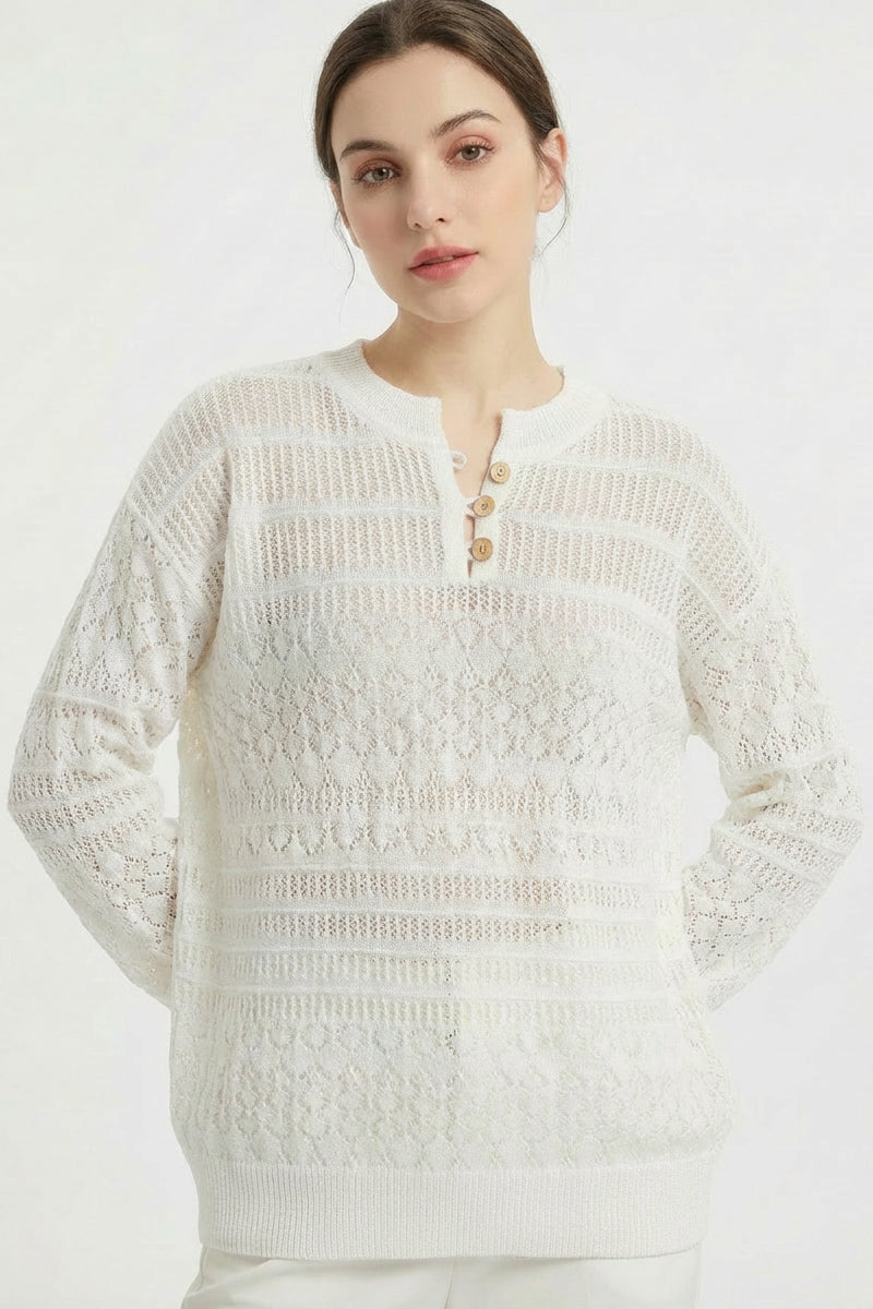 Open Knit Henley Button Long Sleeve Sweater