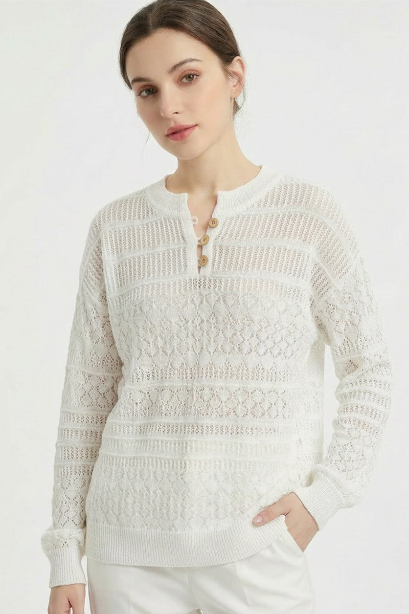 Open Knit Henley Button Long Sleeve Sweater