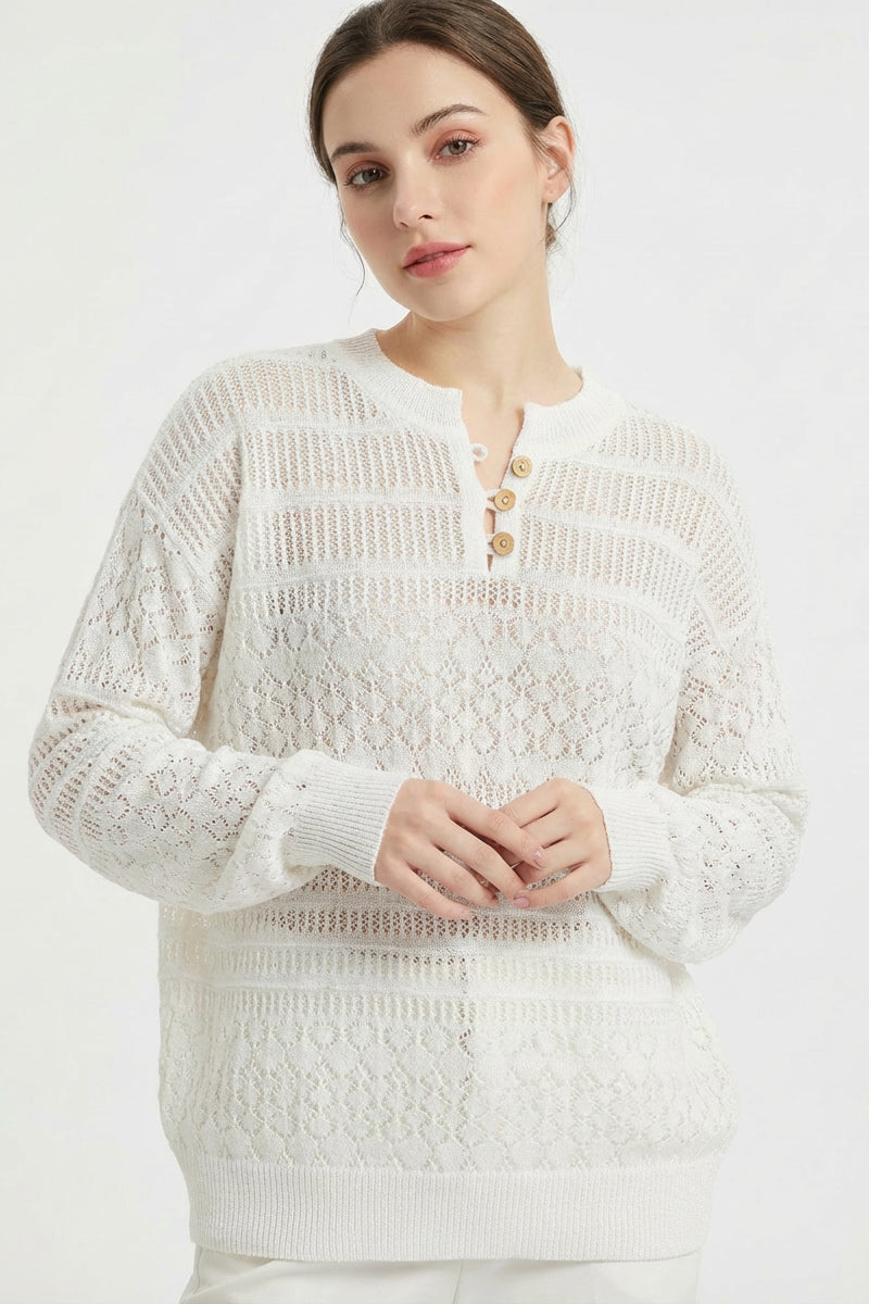 Open Knit Henley Button Long Sleeve Sweater