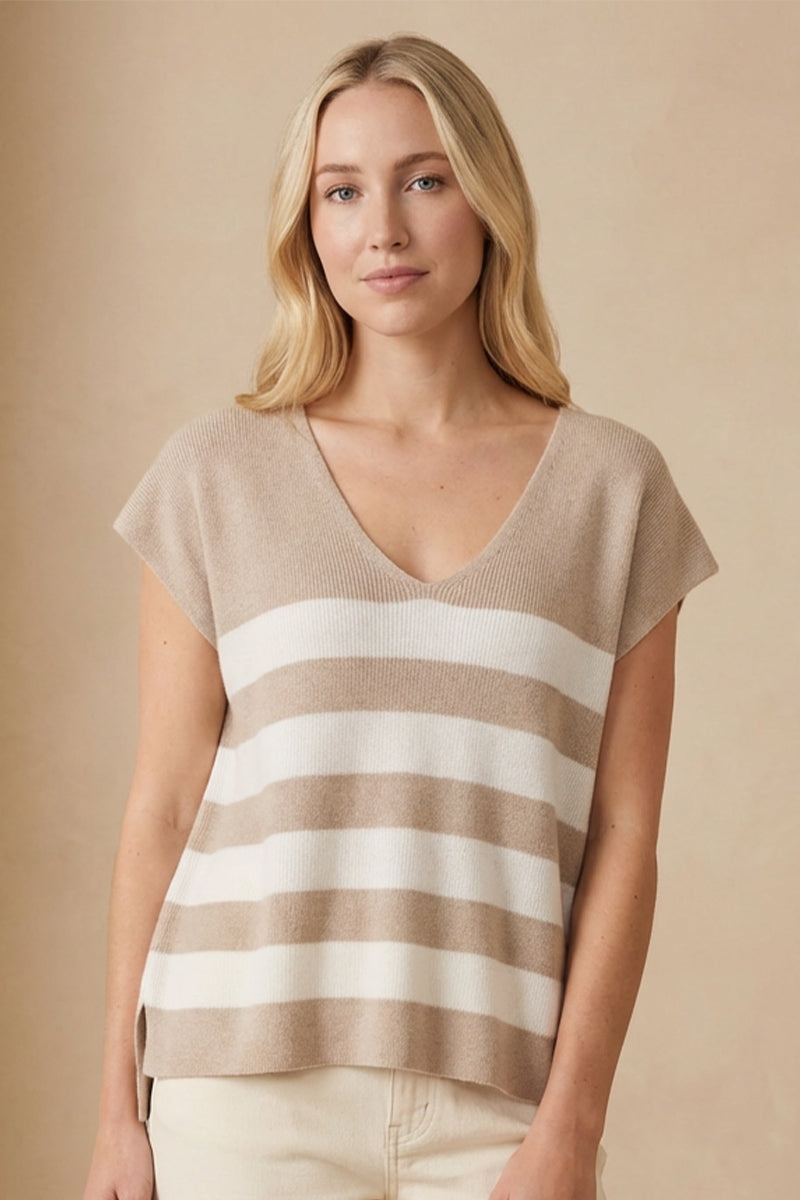 Striped V Neck Cap Sleeve Knit Sweater Top