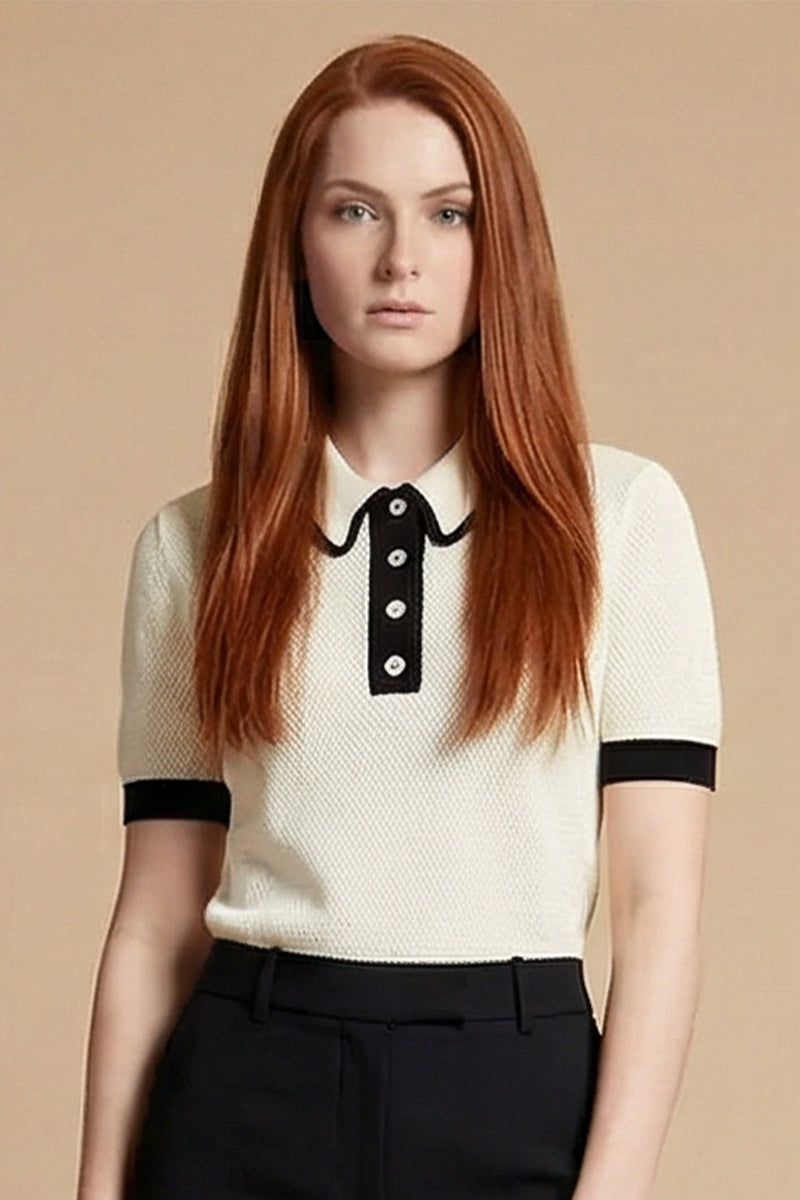 Open Knit Short Sleeve Polo Sweater Top