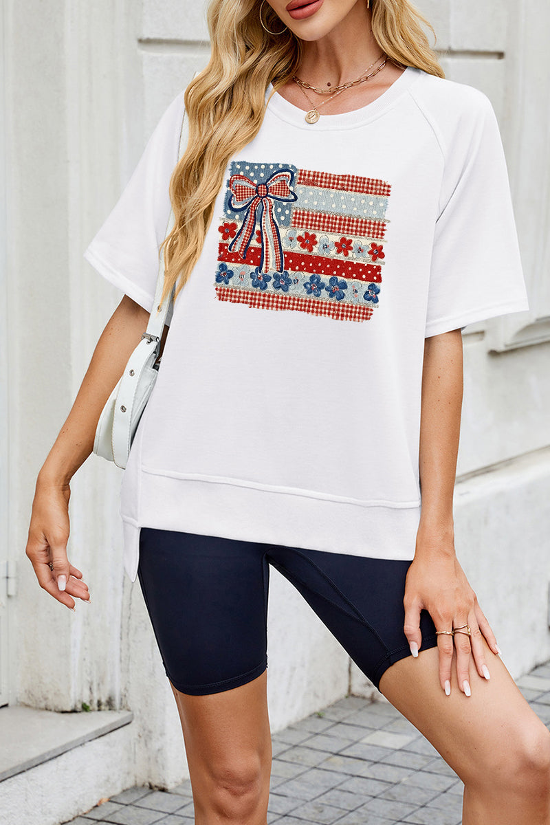 USA Flag Bow Graphic Tee Women Patriotic 4th July Top