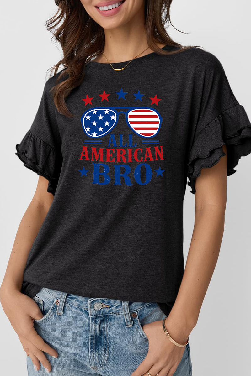 Patriotic Graphic Tee American Ruffle Sleeve Top
