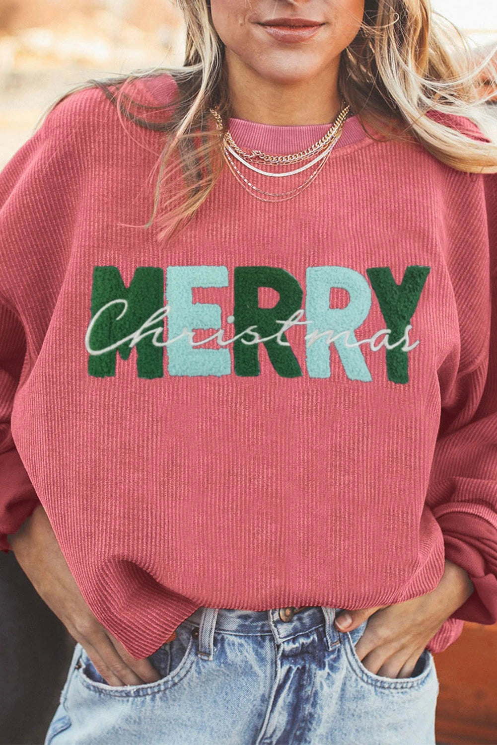 Racing Red MERRY Christmas Chenille Embroidered Corded Sweatshirt