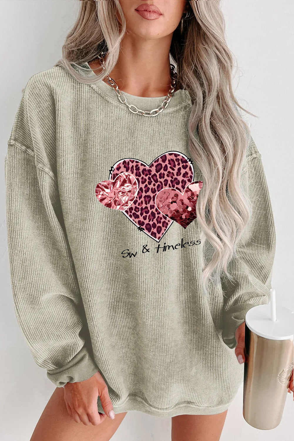 Valentine's Day Leopard Heart Sequin Black Corduroy Sweatshirt