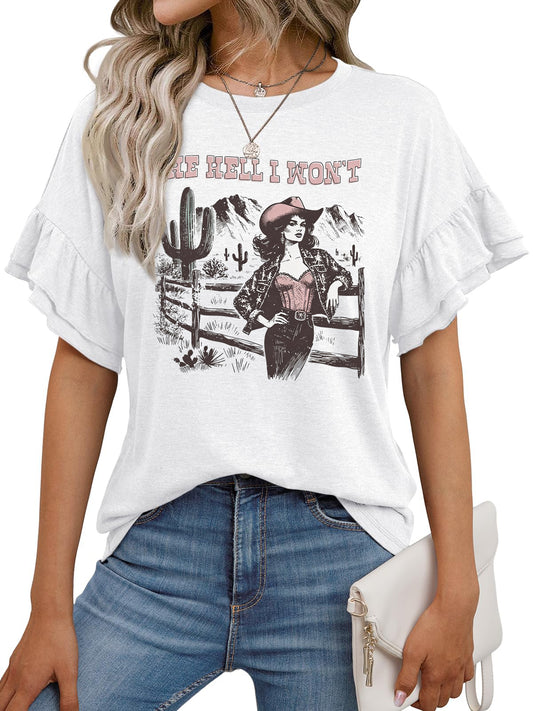 Western Cowgirl Cactus Graphic Ruffle Sleeve Tee Vintage Top