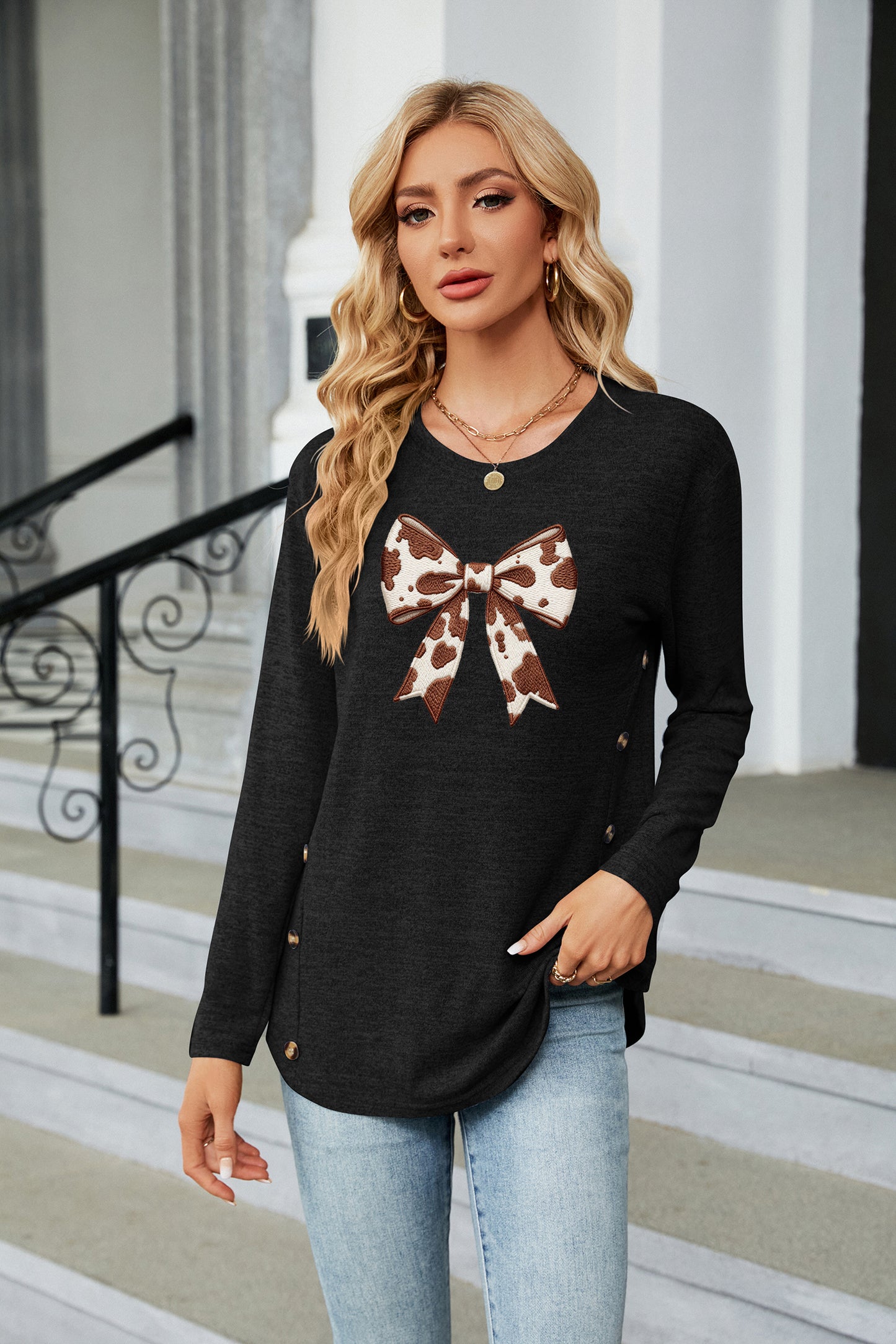 Western Leopard Bow Graphic Long Sleeve Top