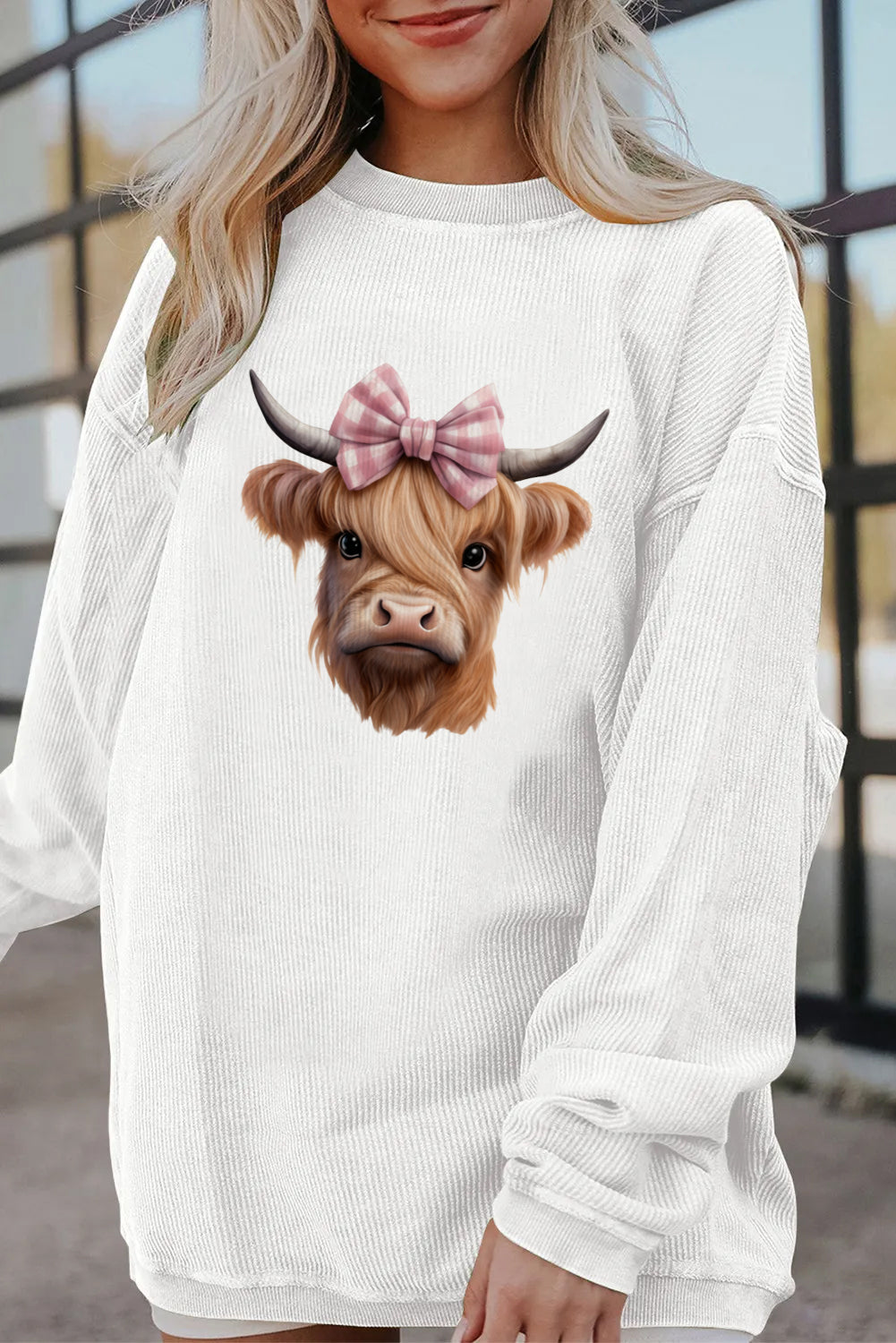 Western Graphic Highland Cow Bow Print Oversized Sweatshirt