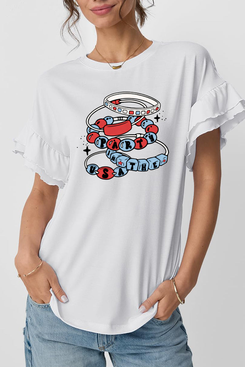 Patriotic Bracelet Graphic Tee Ruffle Sleeve Top