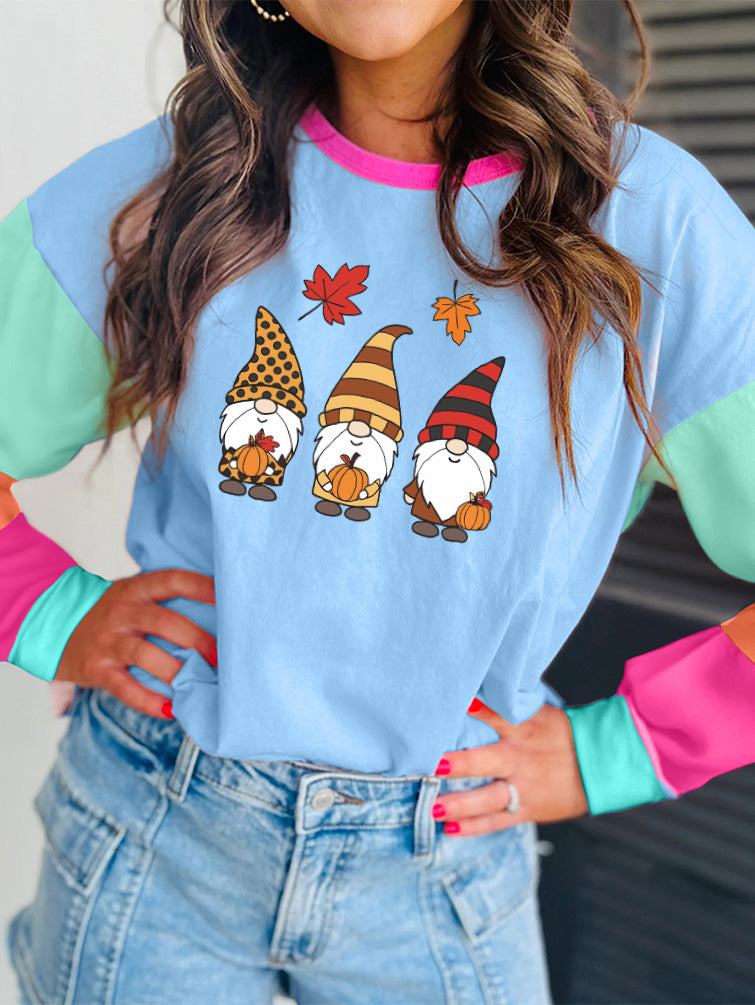 Autumn Thanksgiving Pumpkin Color Block Long Sleeve Tee