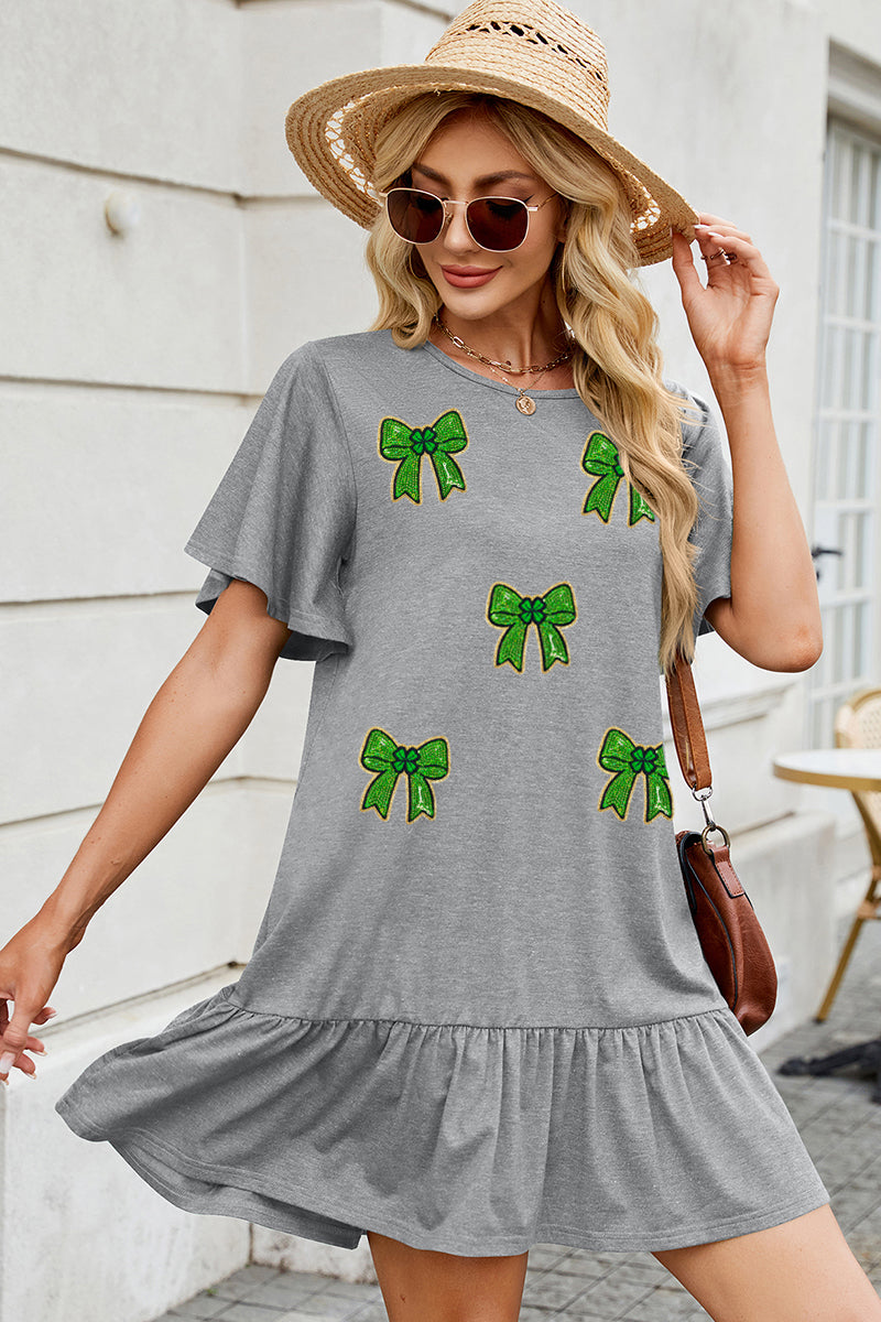 St Patricks Day Shamrock Bow Print Ruffle Dress