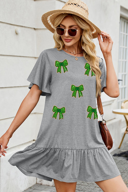 St Patricks Day Shamrock Bow Print Ruffle Dress