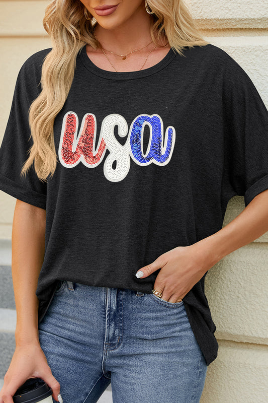 USA Sequin Graphic Tee Loose Fit Tunic Top