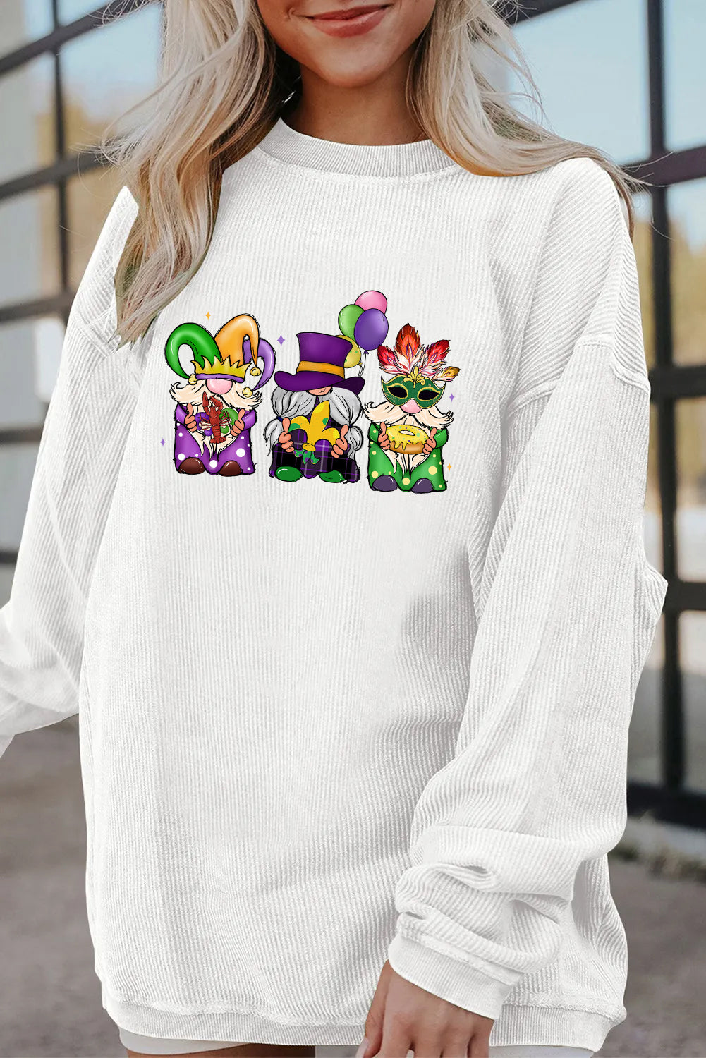 Mardi Gras Trio Gnome Graphic Corded Sweatshirt