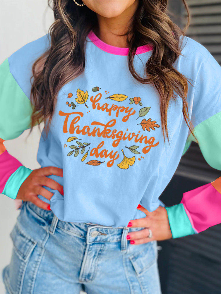 Happy Thanksgiving Day Color Block Long Sleeve Tee