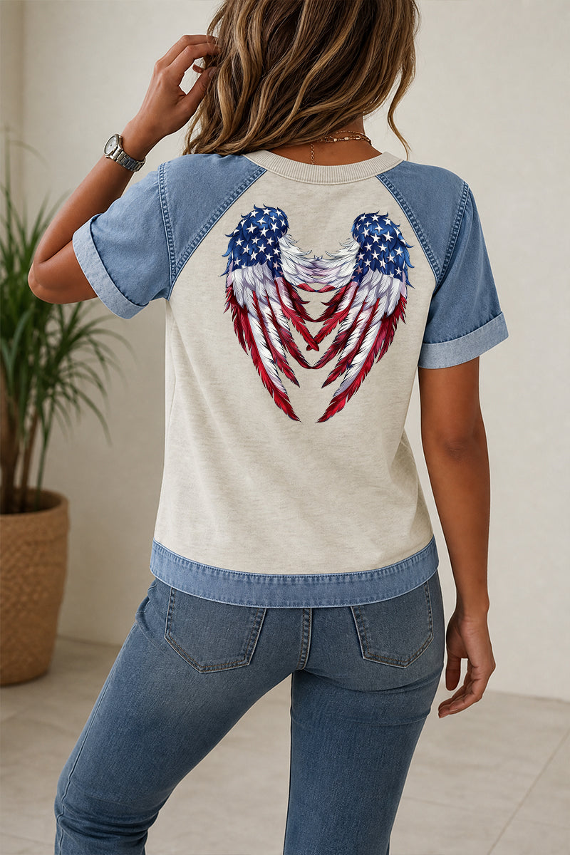 Patriotic Graphic Tee Denim Patchwork Wing Back Top