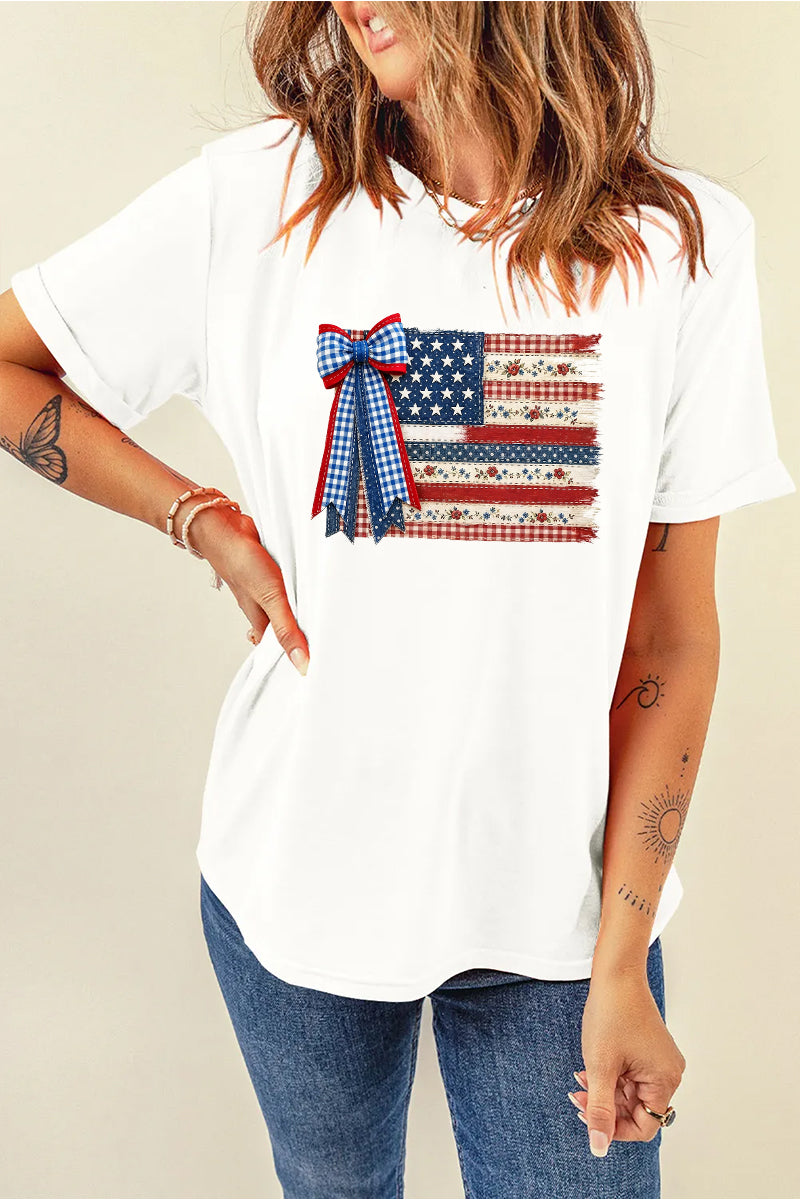 USA Flag Bow Graphic Tee Women Patriotic 4th of July Top