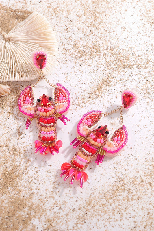 Rose Red Crystal Gem Beaded Crayfish Earrings