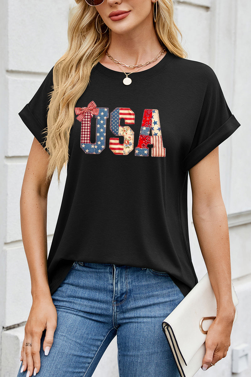 USA Patriotic Bow Graphic Tee Women 4th of July Shirt