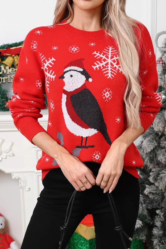 Fiery Red Christmas Penguin Snowflake Printed Holiday Sweater