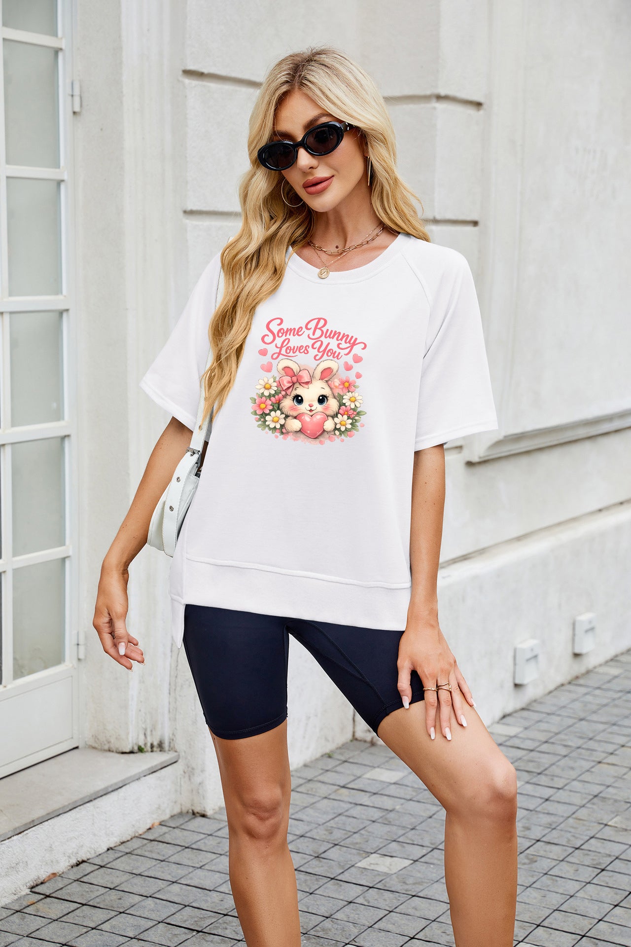 Easter Bunny Bow Graphic Casual Crewneck T Shirt